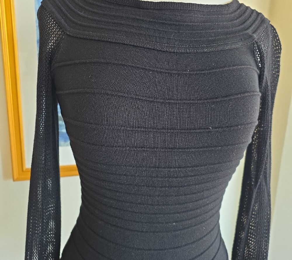 💙Forever 21 Black Long-Sleeve Ribbed Sheer-Sleeve Bodycon Dress - Picture 3 of 13